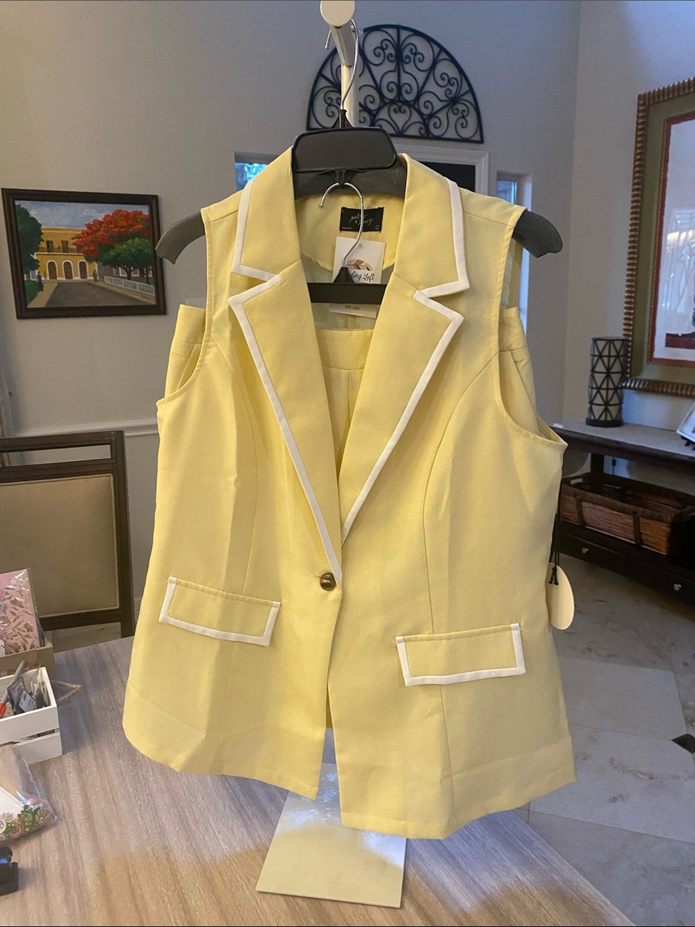 Sleeveless Yellow Blazer Vest with White Trim, Includes shorts.